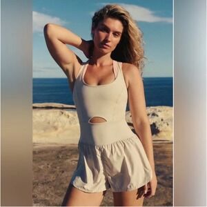 Free People Movement Righteous Runsie Romper Sz S Beige Active Athleisure Sports